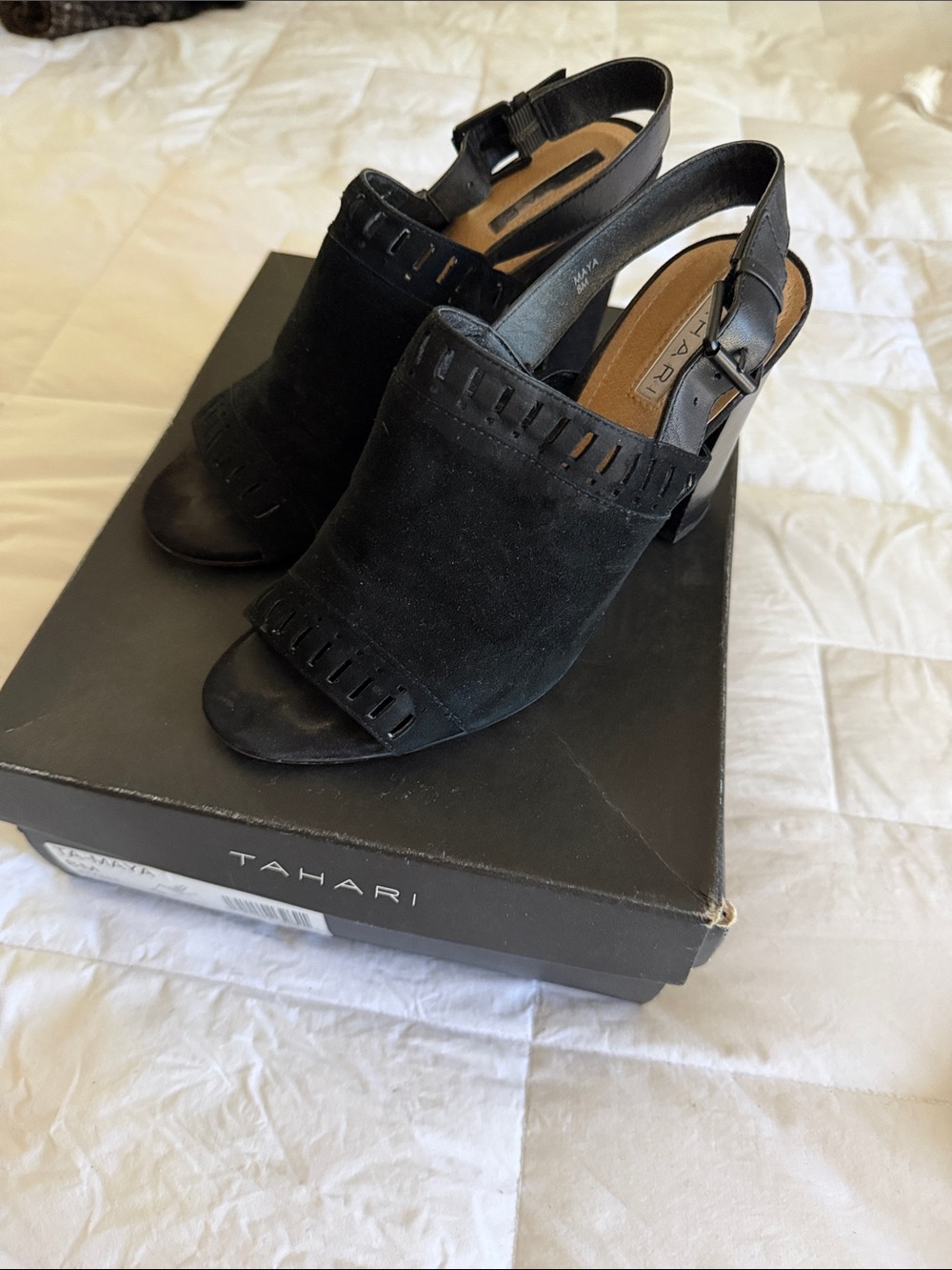 Tahari Black Suede Cutout Peep-Toe Slingback Heels